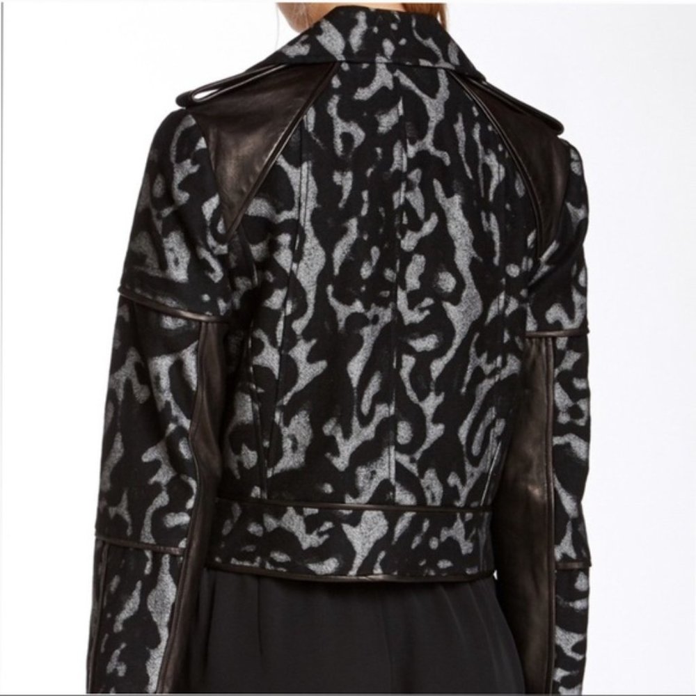 DVF Diane Von Furstenberg Jacket 6 S/M Moto Leather Wool Print Black Grey NWOT - Picture 4 of 15